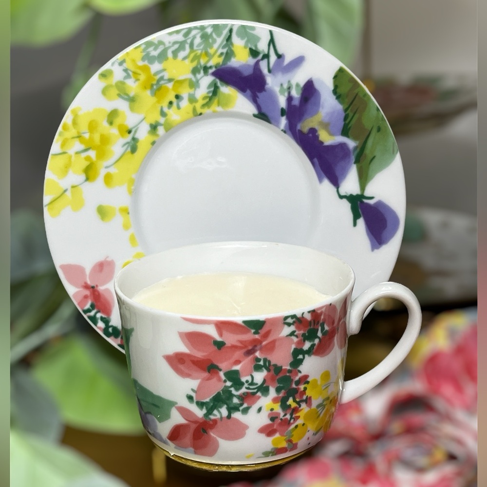 Floral Tea Cup Soy Candle with matching Saucer - Choose your own Scent!